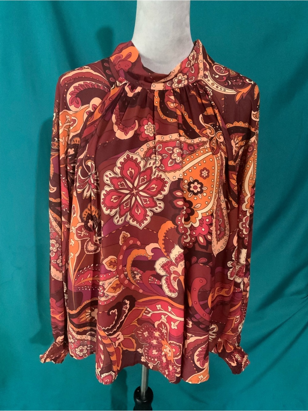 Aura Paisley High Mock-Neck Bohemian Blouse in Burgundy, Orange, Cream